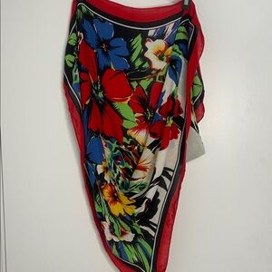 Floral Multicolor Scarf with Red Border